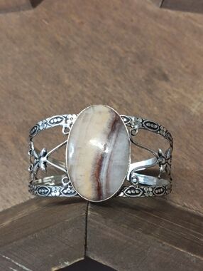 Sterling-Style Oval Cream and Brown Stone Cuff Bracelet